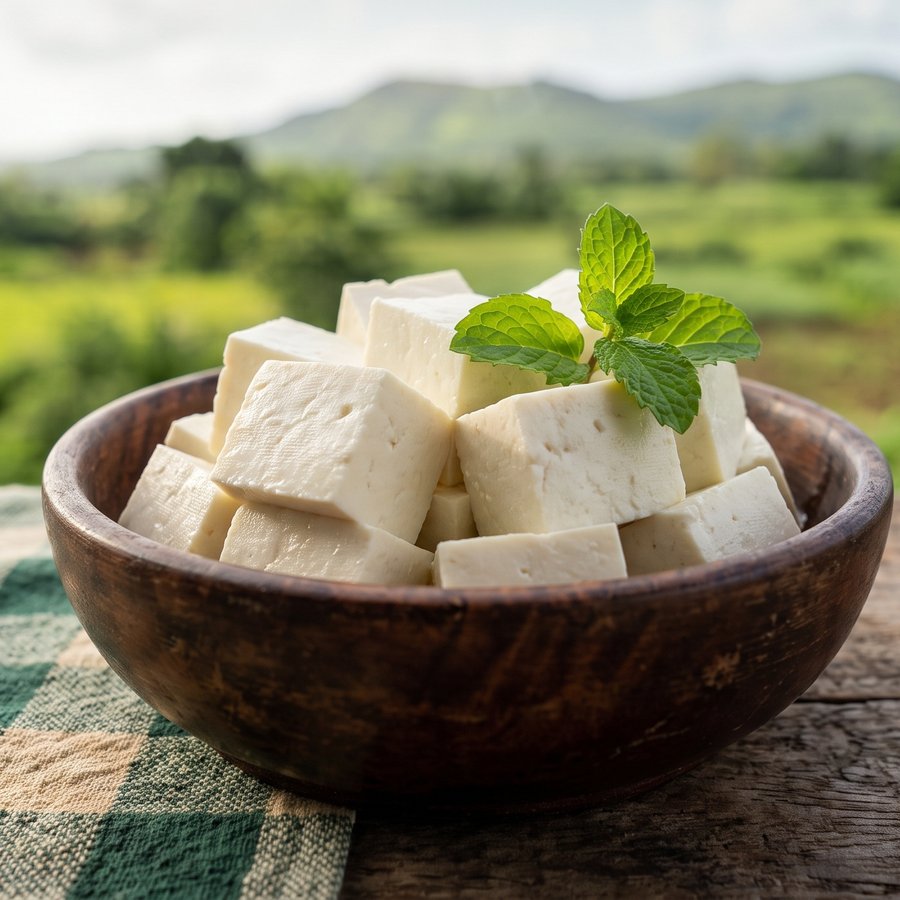 Fresh Crème County paneer cubes in a wooden bowl with mint garnish