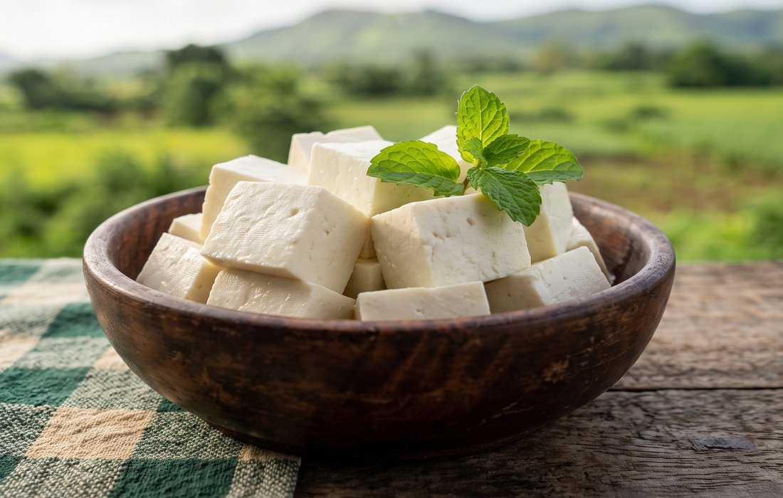 Fresh paneer cubes in a wooden bowl